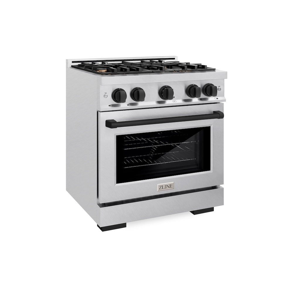 ZLINE Autograph Edition 30 in. 4.2 cu. ft. Select Dual Fuel Range with 4 Burner Gas Cooktop and Electric Convection Oven in Satin Stainless Steel with Matte Black Accents (HDRSZ-30-MB)