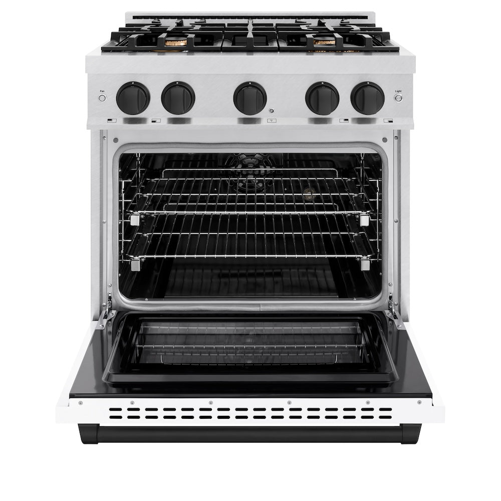 ZLINE Autograph Edition 30 in. 4.2 cu. ft. Select Dual Fuel Range with 4 Burner Gas Cooktop and Electric Convection Oven in Satin Stainless Steel with White Matte Door and Matte Black Accents (HDRSZ-WM-30-MB)