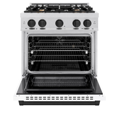 ZLINE Autograph Edition 30 in. 4.2 cu. ft. Select Dual Fuel Range with 4 Burner Gas Cooktop and Electric Convection Oven in Satin Stainless Steel with White Matte Door and Matte Black Accents (HDRSZ-WM-30-MB)