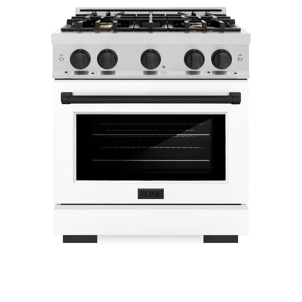 ZLINE Autograph Edition 30 in. 4.2 cu. ft. Select Dual Fuel Range with 4 Burner Gas Cooktop and Electric Convection Oven in Satin Stainless Steel with White Matte Door and Matte Black Accents (HDRSZ-WM-30-MB)