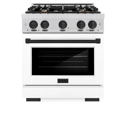 ZLINE Autograph Edition 30 in. 4.2 cu. ft. Select Dual Fuel Range with 4 Burner Gas Cooktop and Electric Convection Oven in Satin Stainless Steel with White Matte Door and Matte Black Accents (HDRSZ-WM-30-MB)