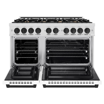 ZLINE Autograph Edition 48 in. 6.7 cu. ft. Select Double Oven Dual Fuel Range with 8 Burner Gas Cooktop in Satin Stainless Steel with White Matte Doors and Matte Black Accents (HDRSZ-WM-48-MB)