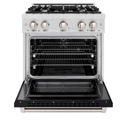 ZLINE 30 in. 4.2 cu. ft. Select Gas Range with 4 Burner Cooktop and Convection Gas Oven in Satin Stainless Steel with Black Matte Door (HGRS-BLM-30)