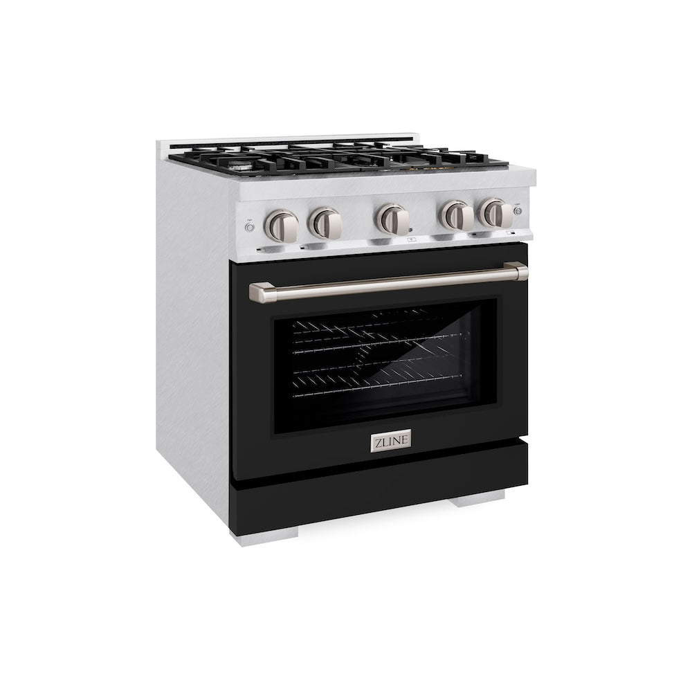 ZLINE 30 in. 4.2 cu. ft. Select Gas Range with 4 Burner Cooktop and Convection Gas Oven in Satin Stainless Steel with Black Matte Door (HGRS-BLM-30)