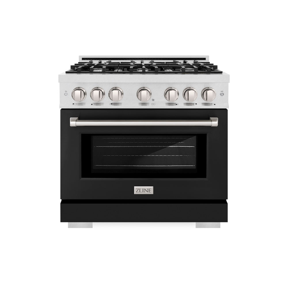 ZLINE 36 in. 5.2 cu. ft. Select Gas Range with 6 Burner Cooktop and Convection Gas Oven in Satin Stainless Steel with Black Matte Door (HGRS-BLM-36)