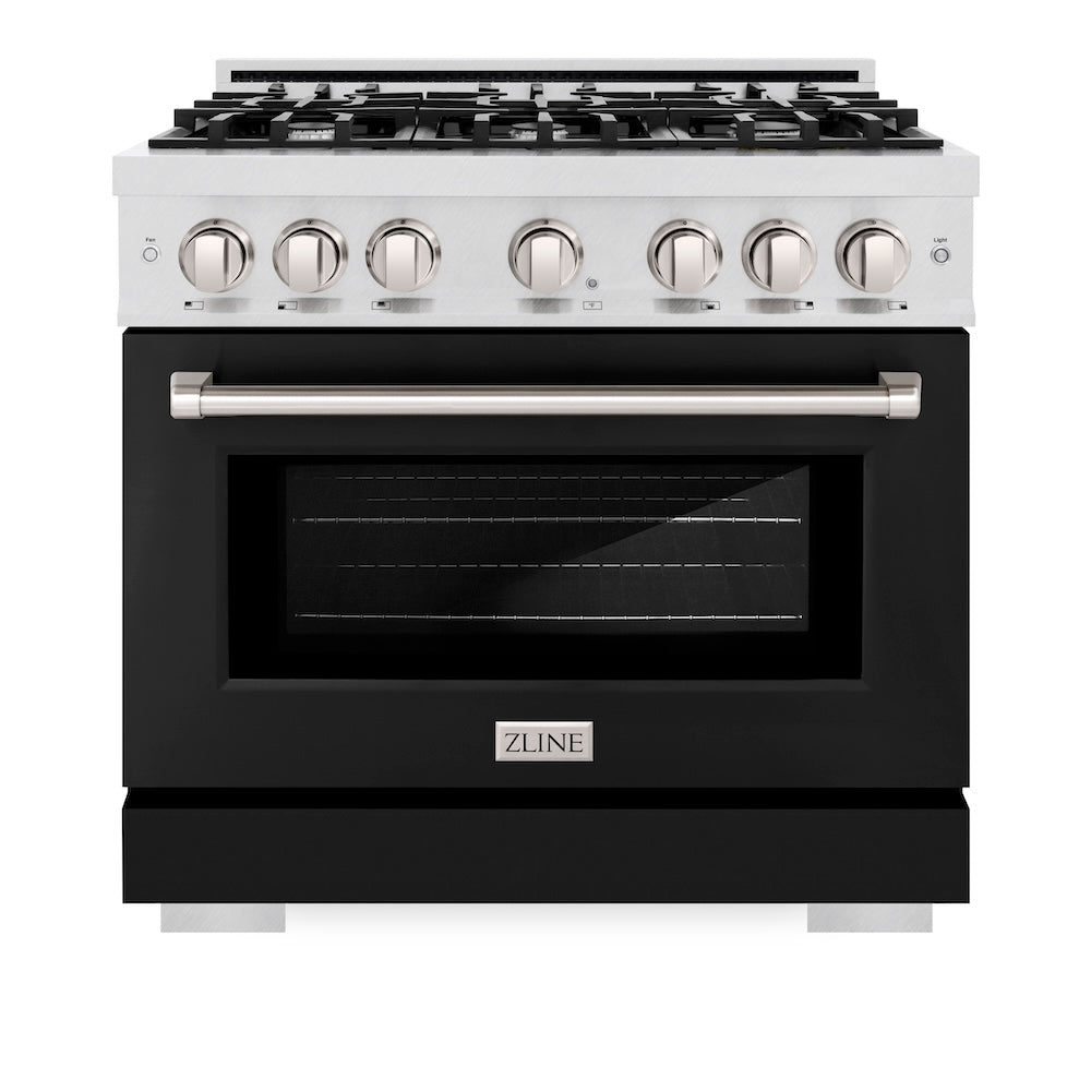 ZLINE 36 in. 5.2 cu. ft. Select Gas Range with 6 Burner Cooktop and Convection Gas Oven in Satin Stainless Steel with Black Matte Door (HGRS-BLM-36)