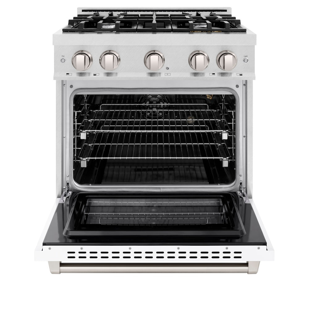 ZLINE 30 in. 4.2 cu. ft. Select Gas Range with 4 Burner Cooktop and Convection Gas Oven in Satin Stainless Steel with White Matte Door (HGRS-WM-30)