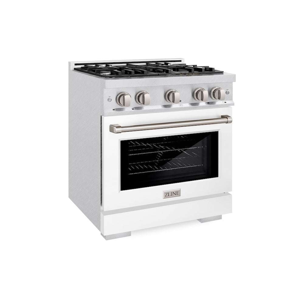 ZLINE 30 in. 4.2 cu. ft. Select Gas Range with 4 Burner Cooktop and Convection Gas Oven in Satin Stainless Steel with White Matte Door (HGRS-WM-30)