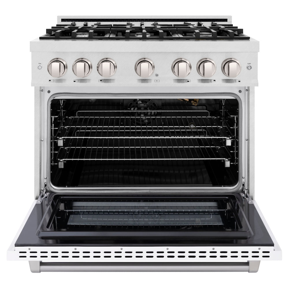 ZLINE 36 in. 5.2 cu. ft. Select Gas Range with 6 Burner Cooktop and Convection Gas Oven in Satin Stainless Steel with White Matte Door (HGRS-WM-36)