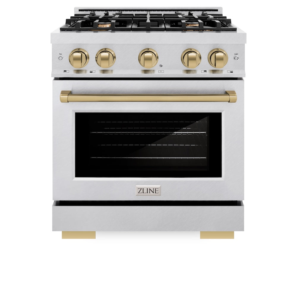 ZLINE Autograph Edition 30 in. 4.2 cu. ft. Select Gas Range with 4 Burner Cooktop and Convection Gas Oven in Satin Stainless Steel and Champagne Bronze Accents (HGRSZ-30-CB)