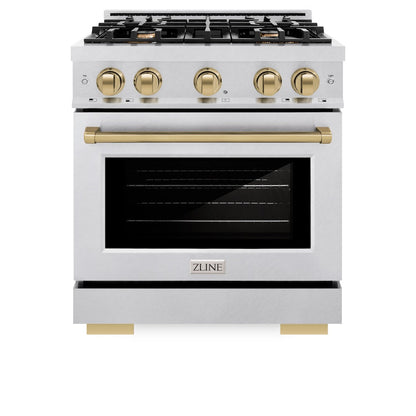 ZLINE Autograph Edition 30 in. 4.2 cu. ft. Select Gas Range with 4 Burner Cooktop and Convection Gas Oven in Satin Stainless Steel and Champagne Bronze Accents (HGRSZ-30-CB)