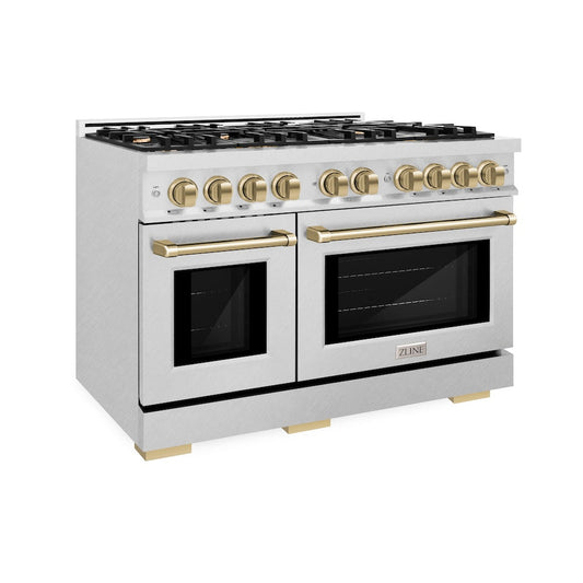 ZLINE Autograph Edition 48 in. 6.7 cu. ft. Select Double Oven Gas Range with 8 Burner Cooktop in Satin Stainless Steel and Champagne Bronze Accents (HGRSZ-48-CB)