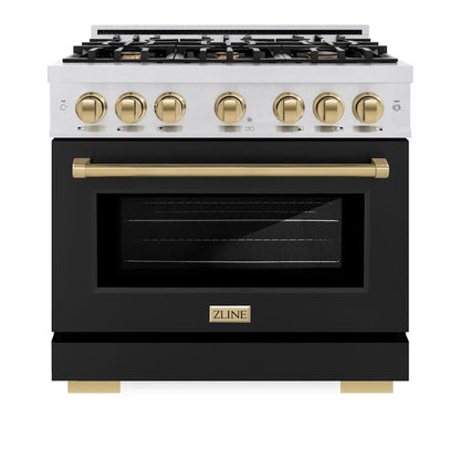 ZLINE Autograph Edition 36 in. 5.2 cu. ft. Select Gas Range with 6 Burner Cooktop and Convection Gas Oven in Satin Stainless Steel with Black Matte Door and Champagne Bronze Accents (HGRSZ-BLM-36-CB)