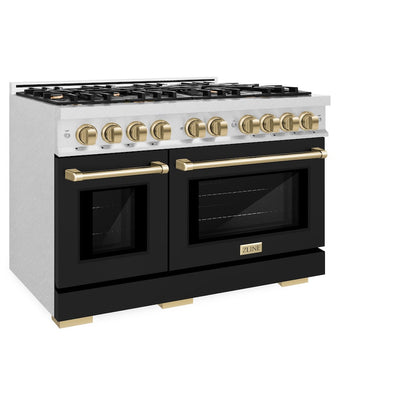 ZLINE Autograph Edition 48 in. 6.7 cu. ft. Select Double Oven Gas Range with 8 Burner Cooktop in Satin Stainless Steel with Black Matte Doors and Champagne Bronze Accents (HGRSZ-BLM-48-CB)