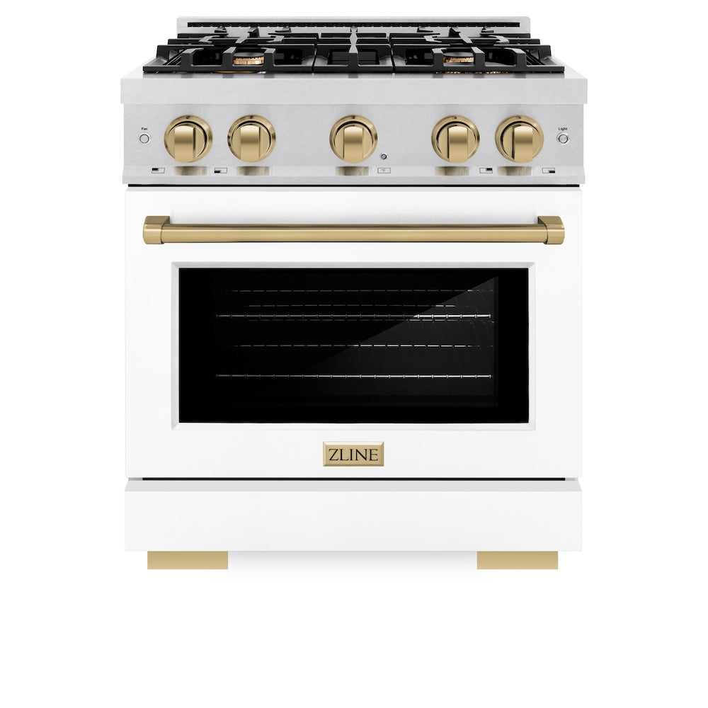 ZLINE Autograph Edition 30 in. 4.2 cu. ft. Select Gas Range with 4 Burner Cooktop and Convection Gas Oven in Satin Stainless Steel with White Matte Door and Champagne Bronze Accents (HGRSZ-WM-30-CB)