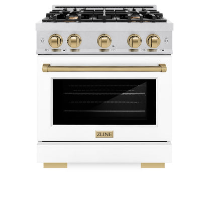 ZLINE Autograph Edition 30 in. 4.2 cu. ft. Select Gas Range with 4 Burner Cooktop and Convection Gas Oven in Satin Stainless Steel with White Matte Door and Champagne Bronze Accents (HGRSZ-WM-30-CB)