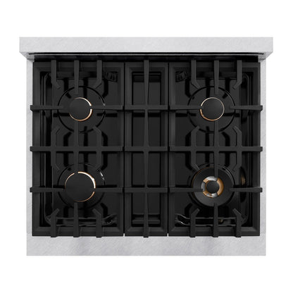ZLINE Autograph Edition 30 in. 4.2 cu. ft. Select Gas Range with 4 Burner Cooktop and Convection Gas Oven in Satin Stainless Steel with White Matte Door and Champagne Bronze Accents (HGRSZ-WM-30-CB)