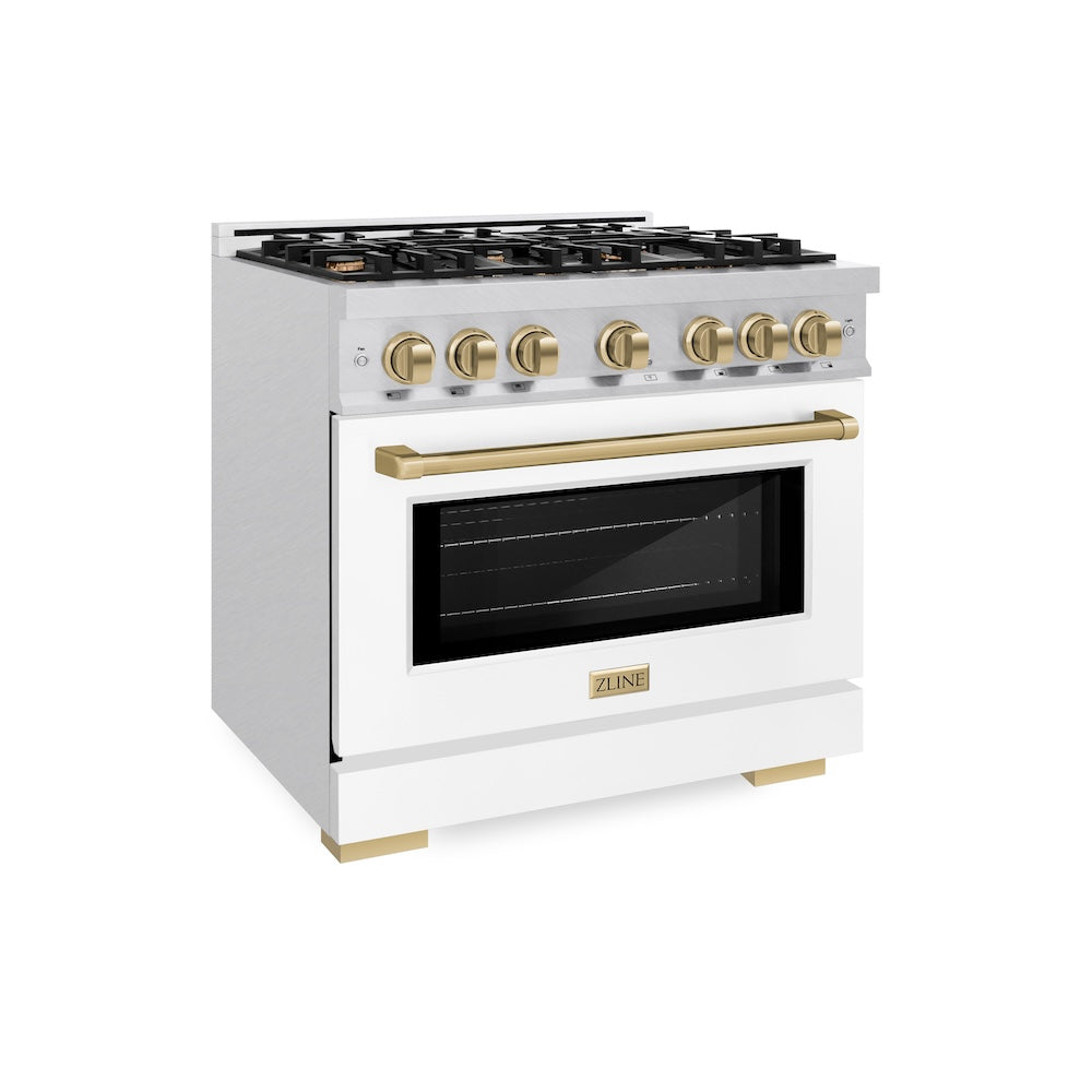 ZLINE Autograph Edition 36 in. 5.2 cu. ft. Select Gas Range with 6 Burner Cooktop and Convection Gas Oven in Satin Stainless Steel with White Matte Door and Champagne Bronze Accents (HGRSZ-WM-36-CB)