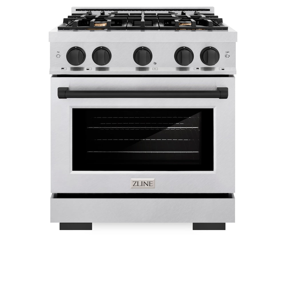 ZLINE Autograph Edition 30 in. 4.2 cu. ft. Select Gas Range with 4 Burner Cooktop and Convection Gas Oven in Satin Stainless Steel and Matte Black Accents (HGRSZ-30-MB)