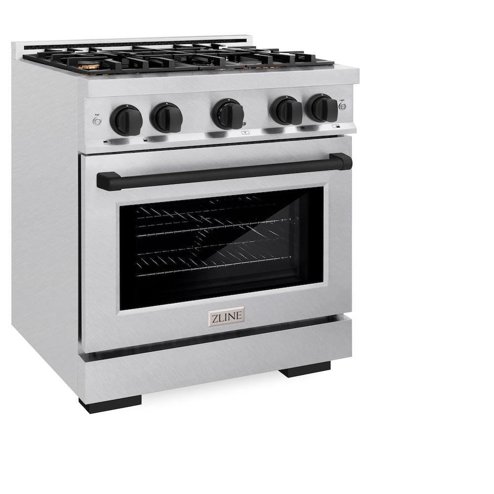 ZLINE Autograph Edition 30 in. 4.2 cu. ft. Select Gas Range with 4 Burner Cooktop and Convection Gas Oven in Satin Stainless Steel and Matte Black Accents (HGRSZ-30-MB)