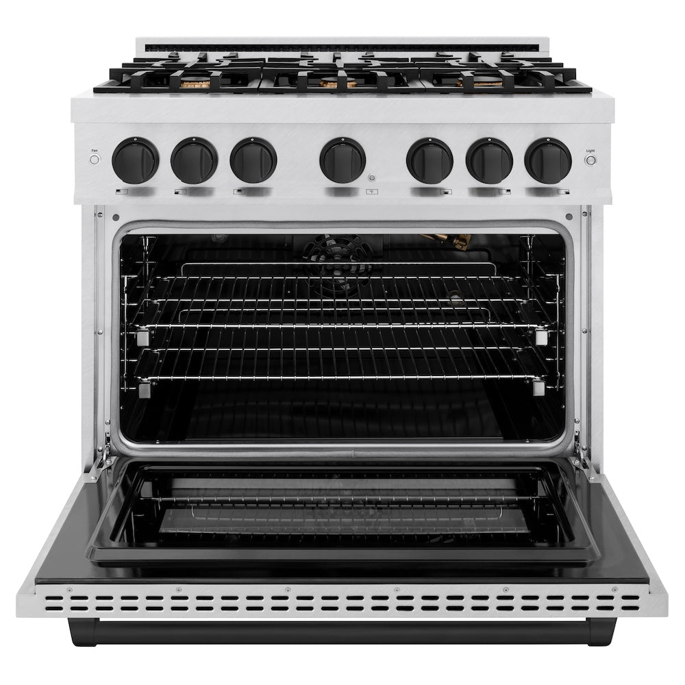 ZLINE Autograph Edition 36 in. 5.2 cu. ft. Select Gas Range with 6 Burner Cooktop and Convection Gas Oven in Satin Stainless Steel and Matte Black Accents (HGRSZ-36-MB)