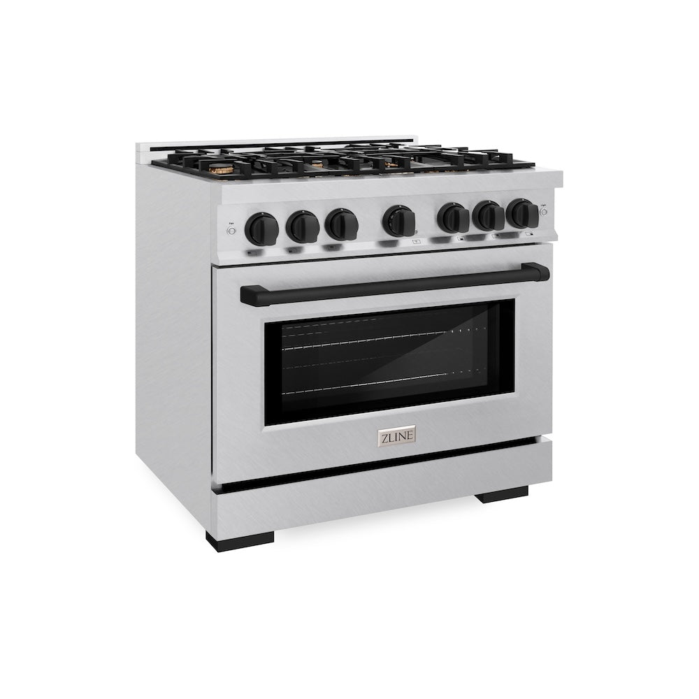 ZLINE Autograph Edition 36 in. 5.2 cu. ft. Select Gas Range with 6 Burner Cooktop and Convection Gas Oven in Satin Stainless Steel and Matte Black Accents (HGRSZ-36-MB)