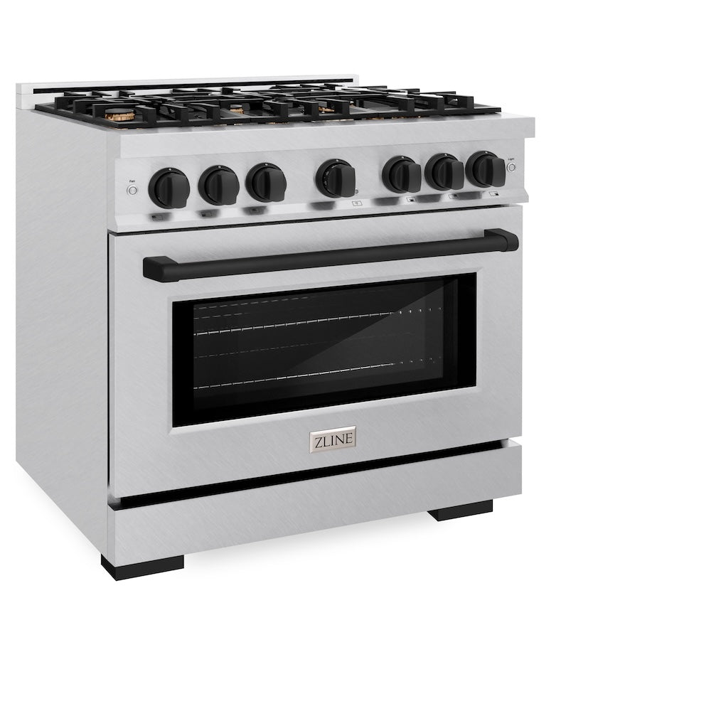 ZLINE Autograph Edition 36 in. 5.2 cu. ft. Select Gas Range with 6 Burner Cooktop and Convection Gas Oven in Satin Stainless Steel and Matte Black Accents (HGRSZ-36-MB)