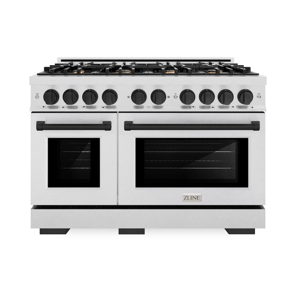 ZLINE Autograph Edition 48 in. 6.7 cu. ft. Select Double Oven Gas Range with 8 Burner Cooktop in Satin Stainless Steel and Matte Black Accents (HGRSZ-48-MB)