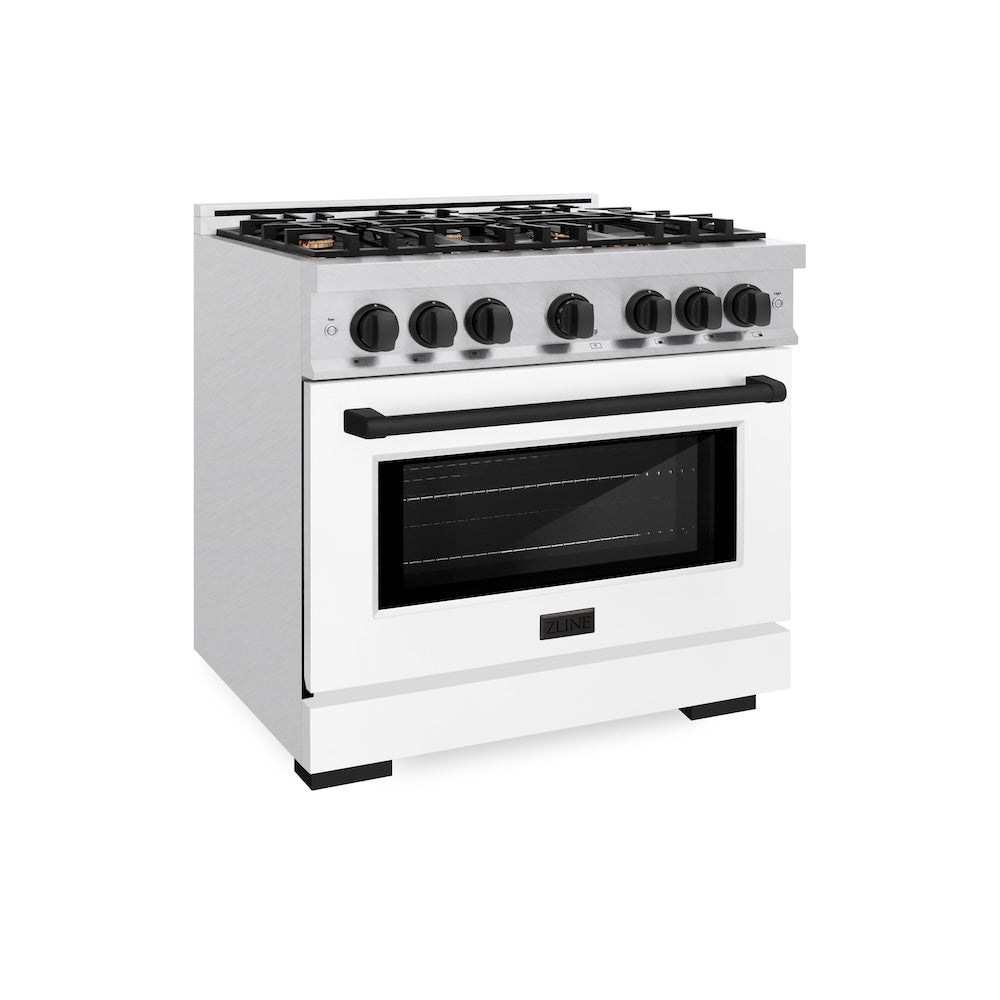 ZLINE Autograph Edition 36 in. 5.2 cu. ft. Select Gas Range with 6 Burner Cooktop and Convection Gas Oven in Satin Stainless Steel with White Matte Door and Matte Black Accents (HGRSZ-WM-36-MB)