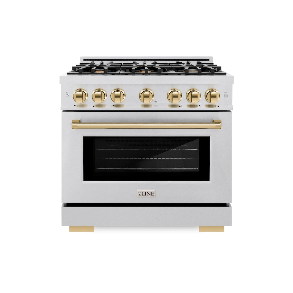 ZLINE Autograph Edition 36 in. 5.2 cu. ft. Select Dual Fuel Range with 6 Burner Gas Cooktop and Electric Convection Oven in Satin Stainless Steel with Polished Gold Accents (HDRSZ-36-G)