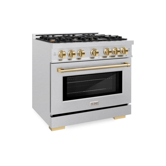 ZLINE Autograph Edition 36 in. 5.2 cu. ft. Select Dual Fuel Range with 6 Burner Gas Cooktop and Electric Convection Oven in Satin Stainless Steel with Polished Gold Accents (HDRSZ-36-G)