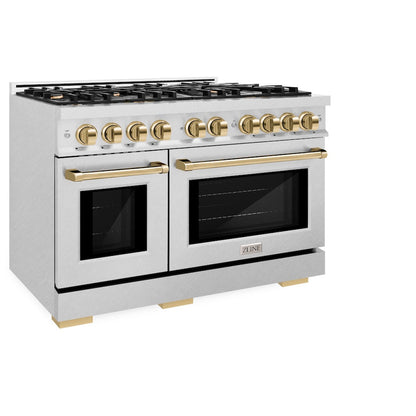 ZLINE Autograph Edition 48 in. 6.7 cu. ft. Select Double Oven Dual Fuel Range with 8 Burner Gas Cooktop in Satin Stainless Steel and Polished Gold Accents (HDRSZ-48-G)
