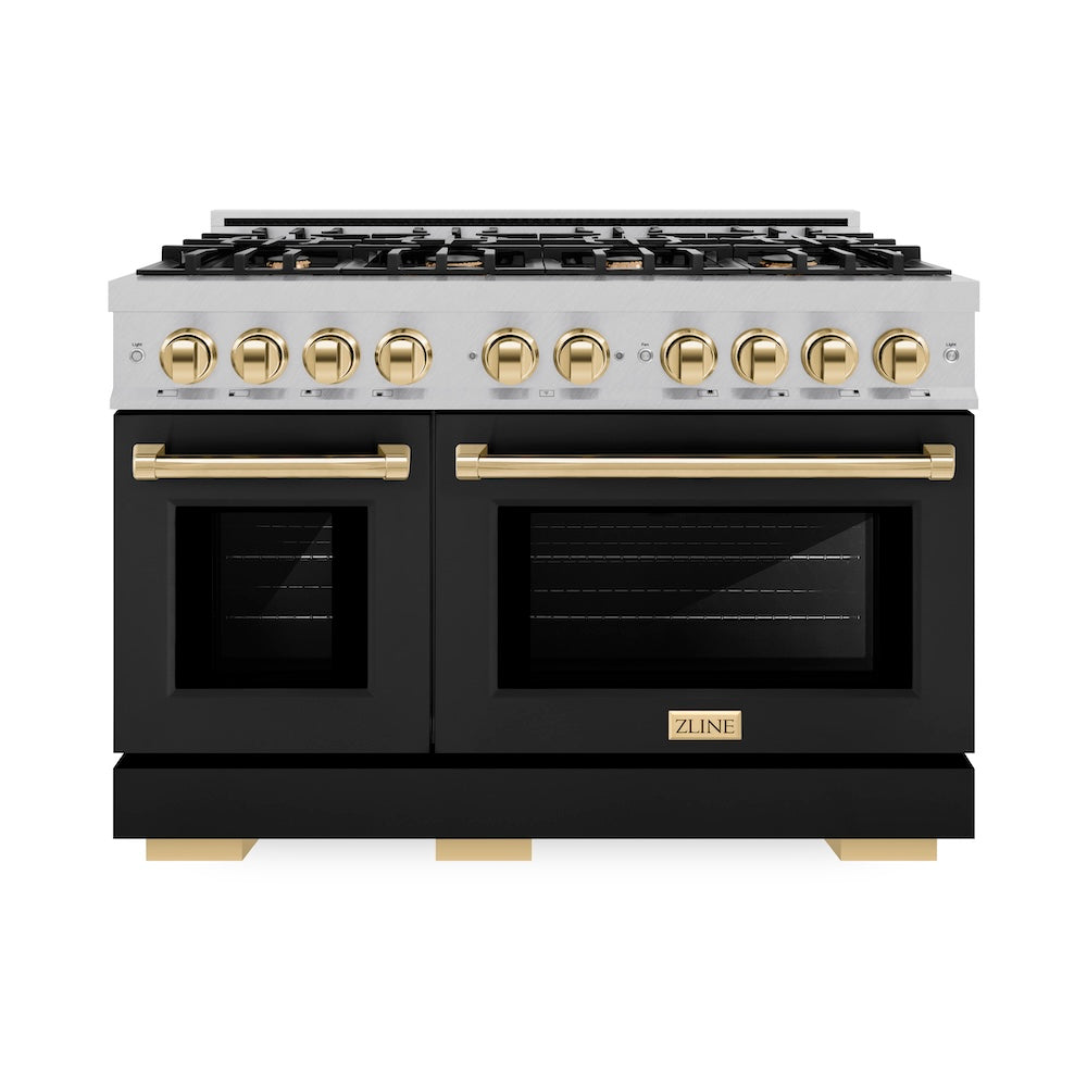 ZLINE Autograph Edition 48 in. 6.7 cu. ft. Select Double Oven Dual Fuel Range with 8 Burner Gas Cooktop in Satin Stainless Steel with Black Matte Doors and Polished Gold Accents (HDRSZ-BLM-48-G)