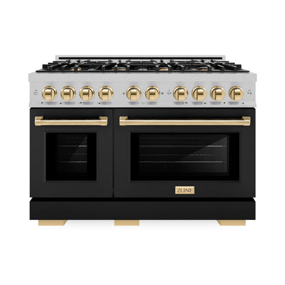 ZLINE Autograph Edition 48 in. 6.7 cu. ft. Select Double Oven Dual Fuel Range with 8 Burner Gas Cooktop in Satin Stainless Steel with Black Matte Doors and Polished Gold Accents (HDRSZ-BLM-48-G)