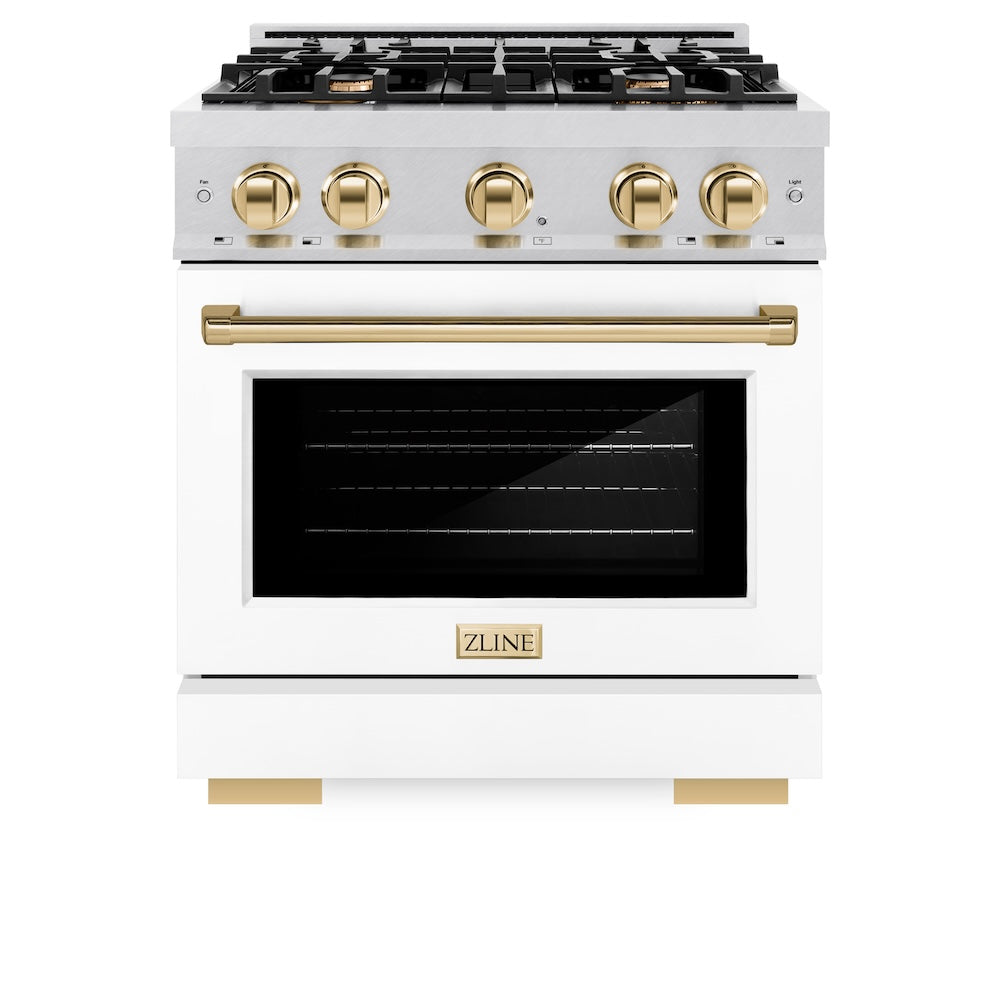 ZLINE Autograph Edition 30 in. 4.2 cu. ft. Select Dual Fuel Range with 4 Burner Gas Cooktop and Electric Convection Oven in Satin Stainless Steel with White Matte Door and Polished Gold Accents (HDRSZ-WM-30-G)
