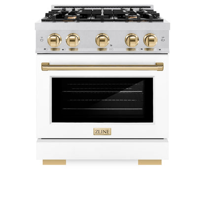 ZLINE Autograph Edition 30 in. 4.2 cu. ft. Select Dual Fuel Range with 4 Burner Gas Cooktop and Electric Convection Oven in Satin Stainless Steel with White Matte Door and Polished Gold Accents (HDRSZ-WM-30-G)