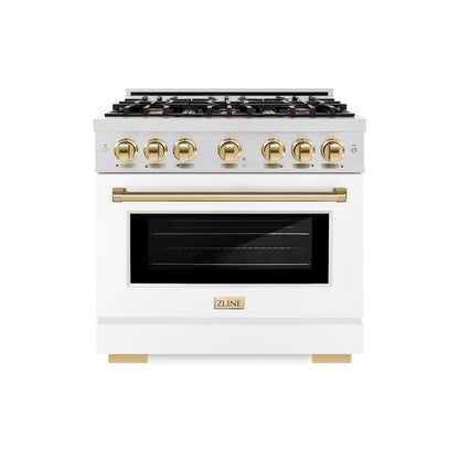 ZLINE Autograph Edition 36 in. 5.2 cu. ft. Select Dual Fuel Range with 6 Burner Gas Cooktop and Electric Convection Oven in Satin Stainless Steel with White Matte Door and Polished Gold Accents (HDRSZ-WM-36-G)