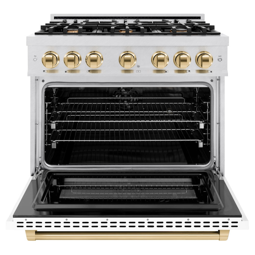 ZLINE Autograph Edition 36 in. 5.2 cu. ft. Select Dual Fuel Range with 6 Burner Gas Cooktop and Electric Convection Oven in Satin Stainless Steel with White Matte Door and Polished Gold Accents (HDRSZ-WM-36-G)
