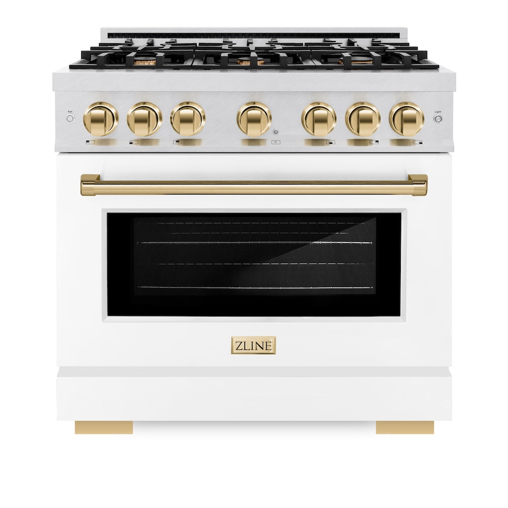 ZLINE Autograph Edition 36 in. 5.2 cu. ft. Select Dual Fuel Range with 6 Burner Gas Cooktop and Electric Convection Oven in Satin Stainless Steel with White Matte Door and Polished Gold Accents (HDRSZ-WM-36-G)