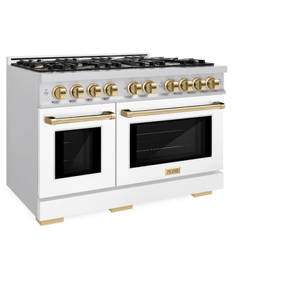 ZLINE Autograph Edition 48 in. 6.7 cu. ft. Select Double Oven Dual Fuel Range with 8 Burner Gas Cooktop in Satin Stainless Steel with White Matte Doors and Polished Gold Accents (HDRSZ-WM-48-G)
