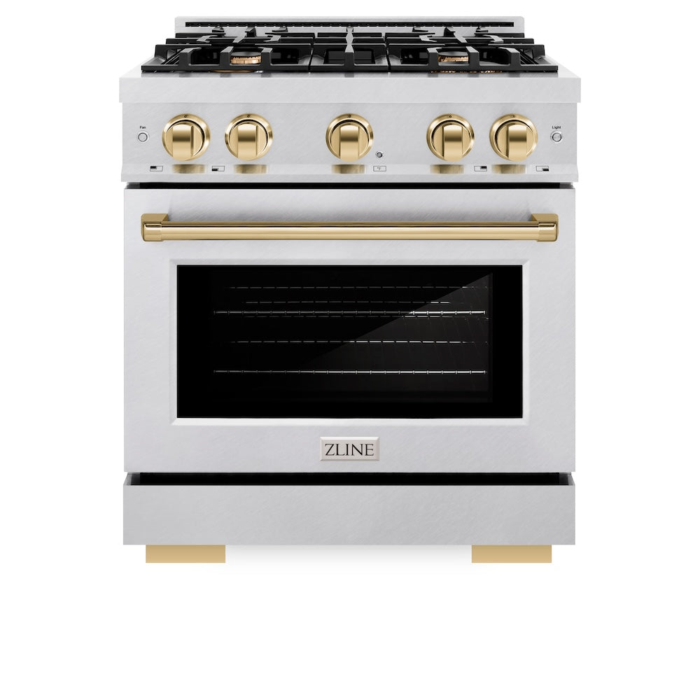 ZLINE Autograph Edition 30 in. 4.2 cu. ft. Select Gas Range with 4 Burner Cooktop and Convection Gas Oven in Satin Stainless Steel and Polished Gold Accents (HGRSZ-30-G)