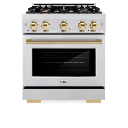 ZLINE Autograph Edition 30 in. 4.2 cu. ft. Select Gas Range with 4 Burner Cooktop and Convection Gas Oven in Satin Stainless Steel and Polished Gold Accents (HGRSZ-30-G)