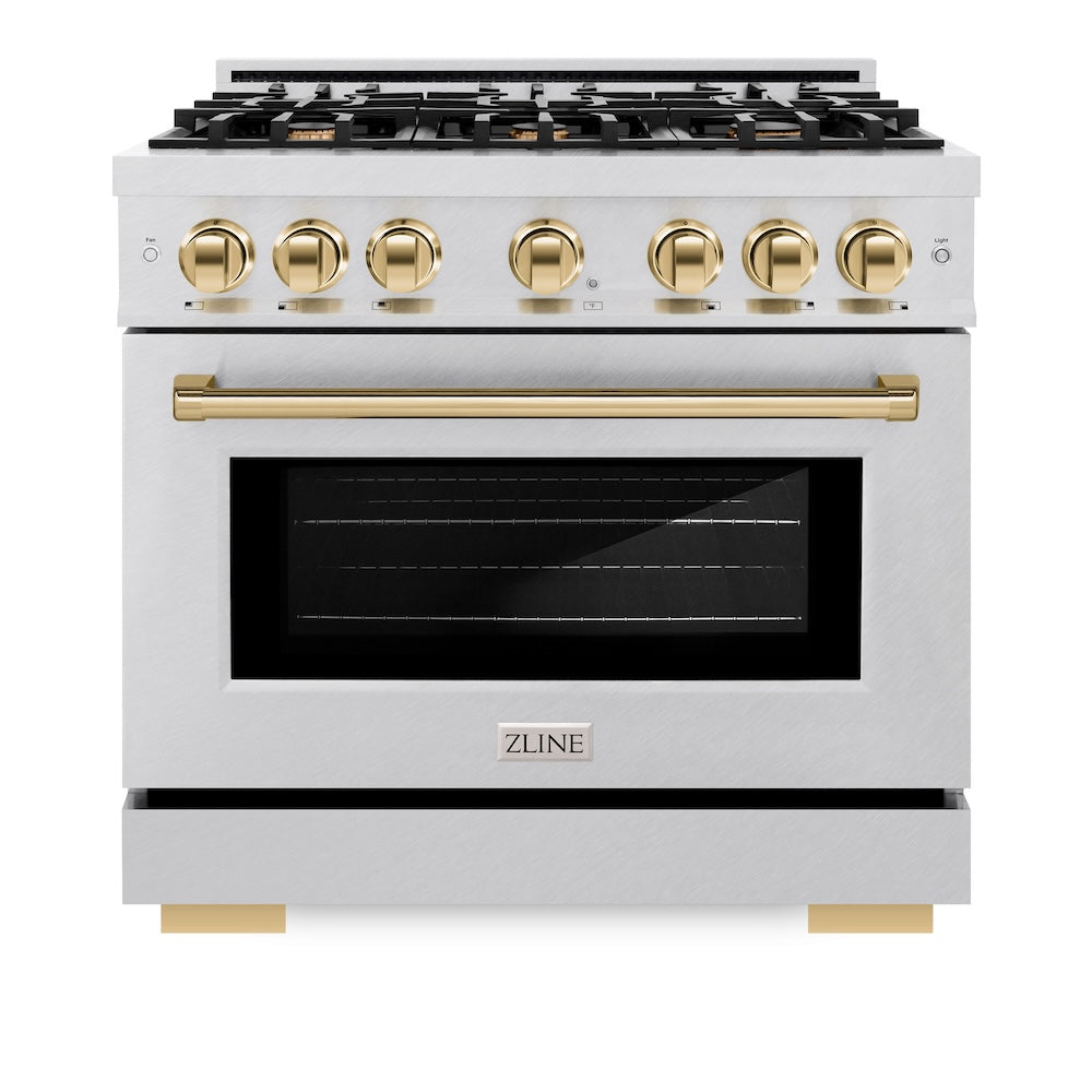 ZLINE Autograph Edition 36 in. 5.2 cu. ft. Select Gas Range with 6 Burner Cooktop and Convection Gas Oven in Satin Stainless Steel and Polished Gold Accents (HGRSZ-36-G)