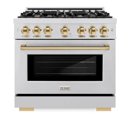 ZLINE Autograph Edition 36 in. 5.2 cu. ft. Select Gas Range with 6 Burner Cooktop and Convection Gas Oven in Satin Stainless Steel and Polished Gold Accents (HGRSZ-36-G)
