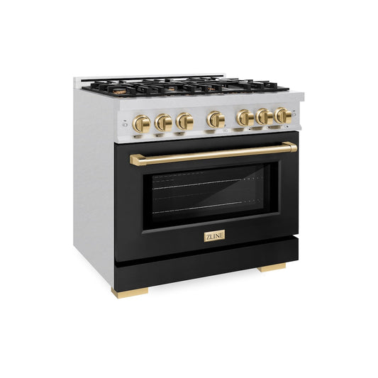 ZLINE Autograph Edition 36 in. 5.2 cu. ft. Select Gas Range with 6 Burner Cooktop and Convection Gas Oven in Satin Stainless Steel with Black Matte Door and Polished Gold Accents (HGRSZ-BLM-36-G)