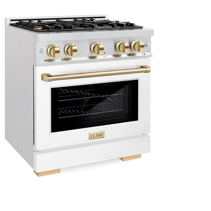 ZLINE Autograph Edition 30 in. 4.2 cu. ft. Select Gas Range with 4 Burner Cooktop and Convection Gas Oven in Satin Stainless Steel with White Matte Door and Polished Gold Accents (HGRSZ-WM-30-G)