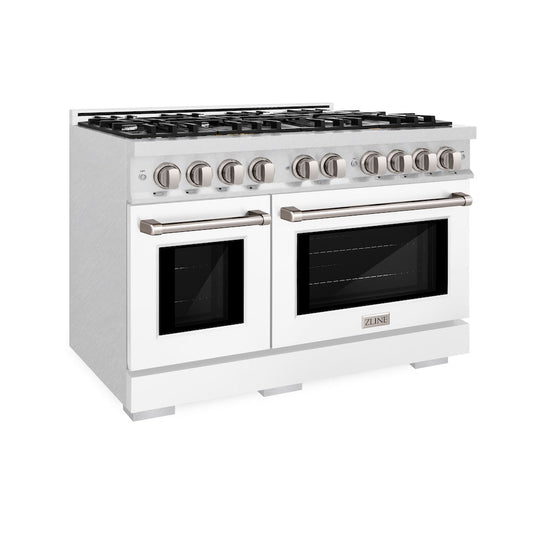 ZLINE 48 in. 6.7 cu. ft. Select Double Oven Gas Range with 8 Burner Cooktop in Satin Stainless Steel with White Matte Doors (HGRS-WM-48)