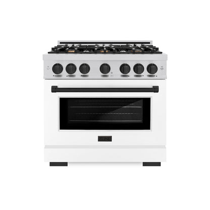 ZLINE Autograph Edition 36 in. 5.2 cu. ft. Select Dual Fuel Range with 6 Burner Gas Cooktop and Electric Convection Oven in Stainless Steel with White Matte Door and Matte Black Accents (HDRZ-WM-36-MB)