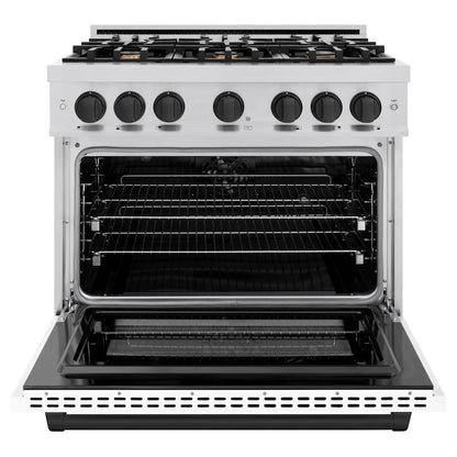 ZLINE Autograph Edition 36 in. 5.2 cu. ft. Select Dual Fuel Range with 6 Burner Gas Cooktop and Electric Convection Oven in Stainless Steel with White Matte Door and Matte Black Accents (HDRZ-WM-36-MB)