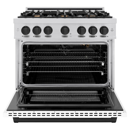 ZLINE Autograph Edition 36 in. 5.2 cu. ft. Select Gas Range with 6 Burner Cooktop and Convection Gas Oven in Stainless Steel with White Matte Door and Matte Black Accents (HGRZ-WM-36-MB)